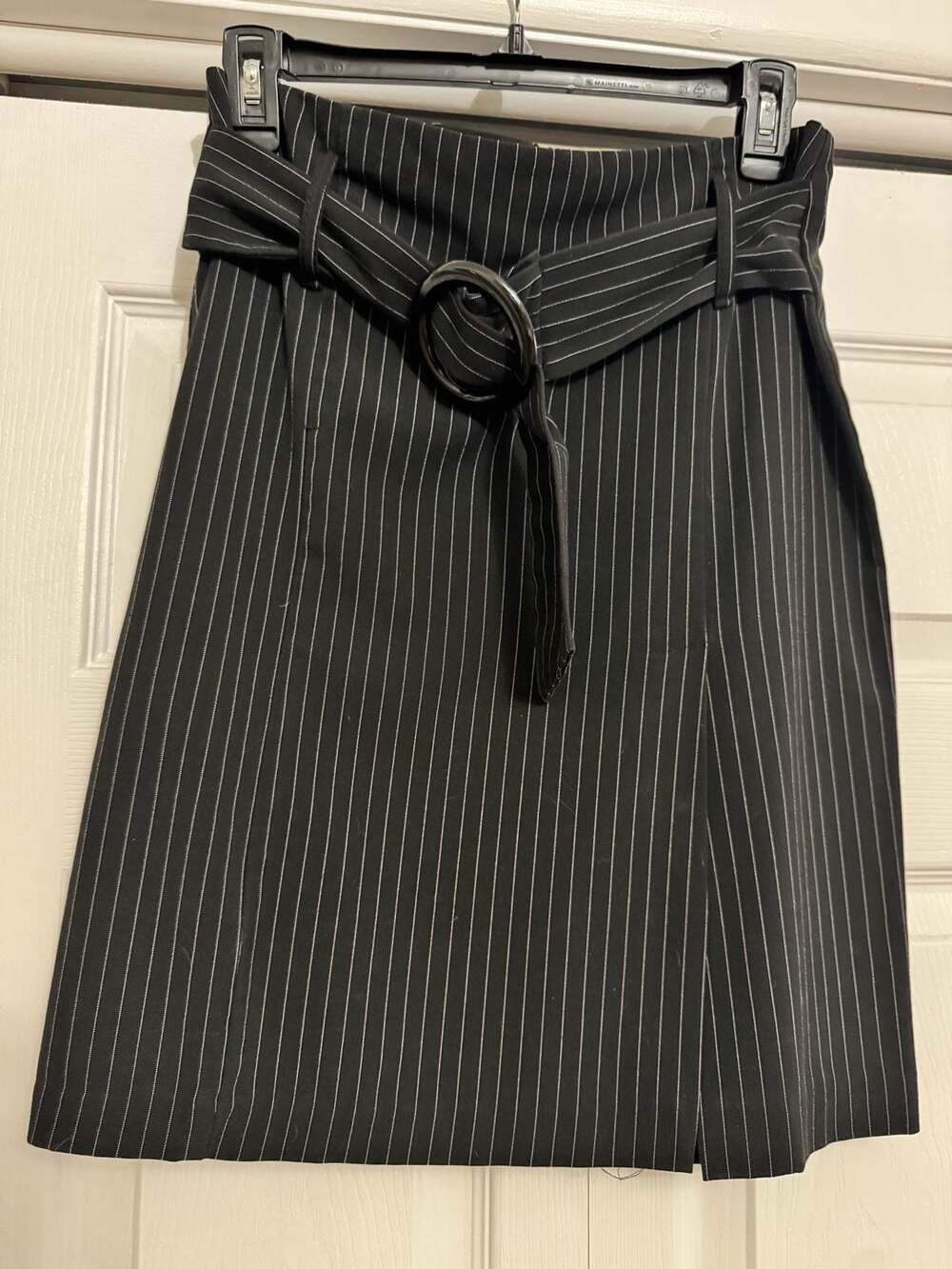 Lola Black Pinstripe High-Waisted Belted Pencil Skirt